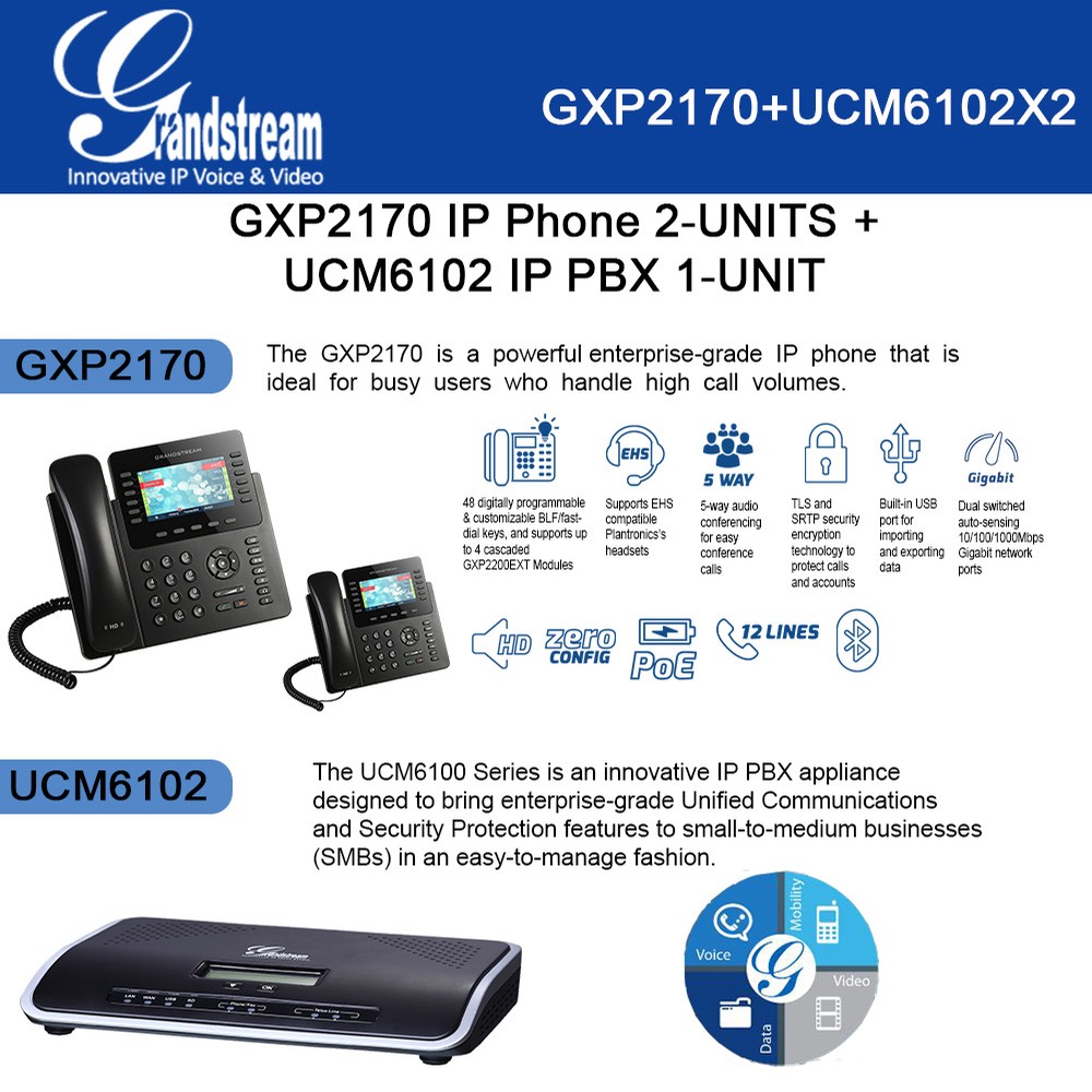 Grandstream GXP2170 2UNITS Small Business IP Phone + UCM6102 2 Port IP PBX