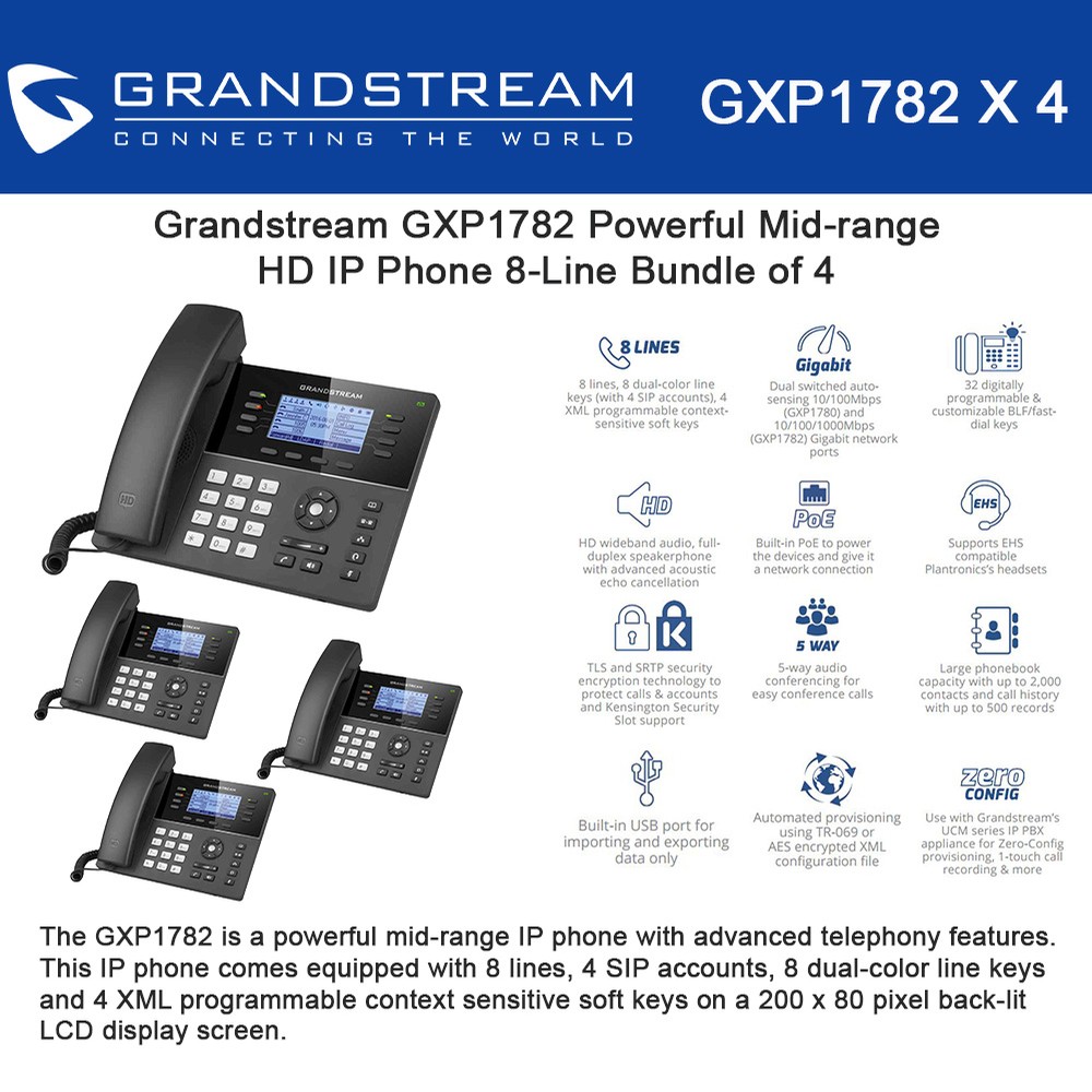 Grandstream GXP1782 4PACK powerful HD IP Phone 8Line VoIP home and