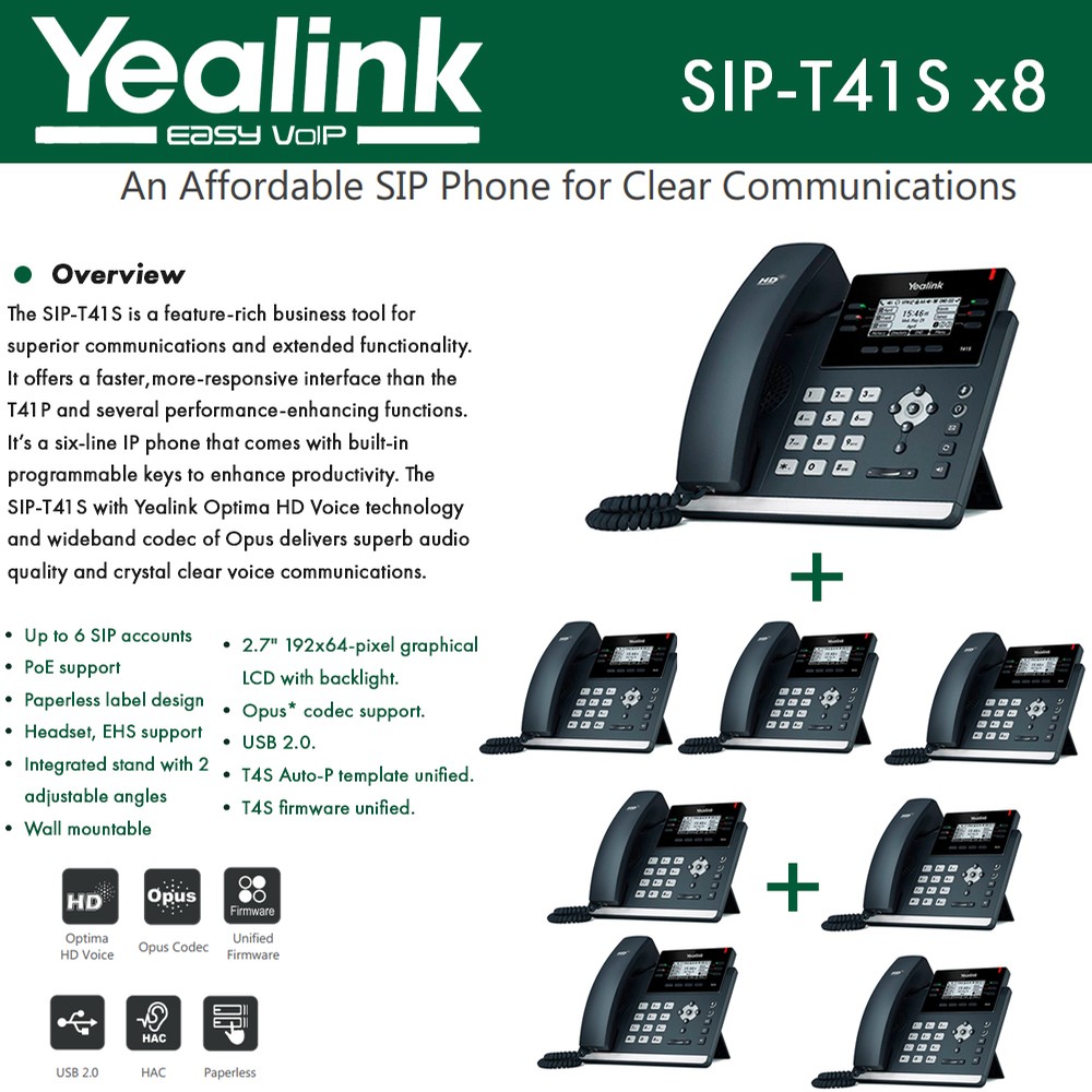 Yealink SIP-T41S 6-Pack IPPhone Gigabit Ethernet PoE Optima HD Voice