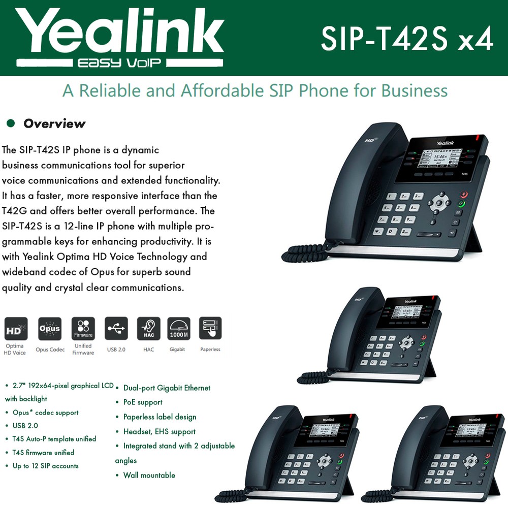 Yealink IPPhone SIP-T42S 4-UNITS Dual-port Gigabit Ethernet PoE support
