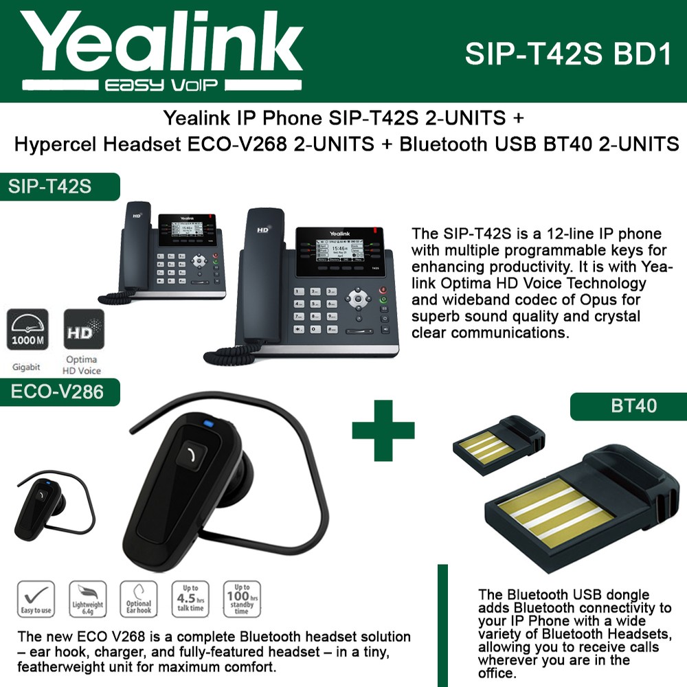 Yealink IP Phone SIP T42S 2PACK Bluetooth USB Dongle 2PACK BT40