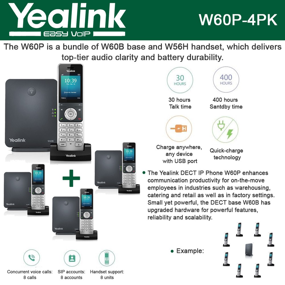 W60p Yealink IP Phone W60P (4-UNITS) is a bundle of W60B base and W56H ...