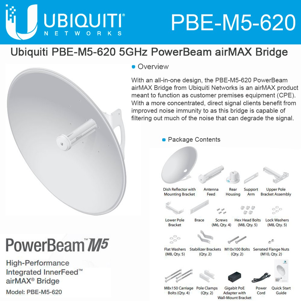 Ubiquiti PBE-M5-620 high-performance PowerBeam M5 29dBi airMAX Bridge *ROW*