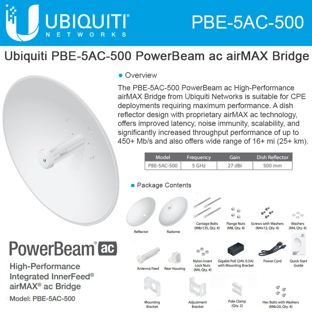 Ubiquiti PowerBeam ac PBE-5AC-500 5GHz airMAX Bridge 25+km 450+Mbps