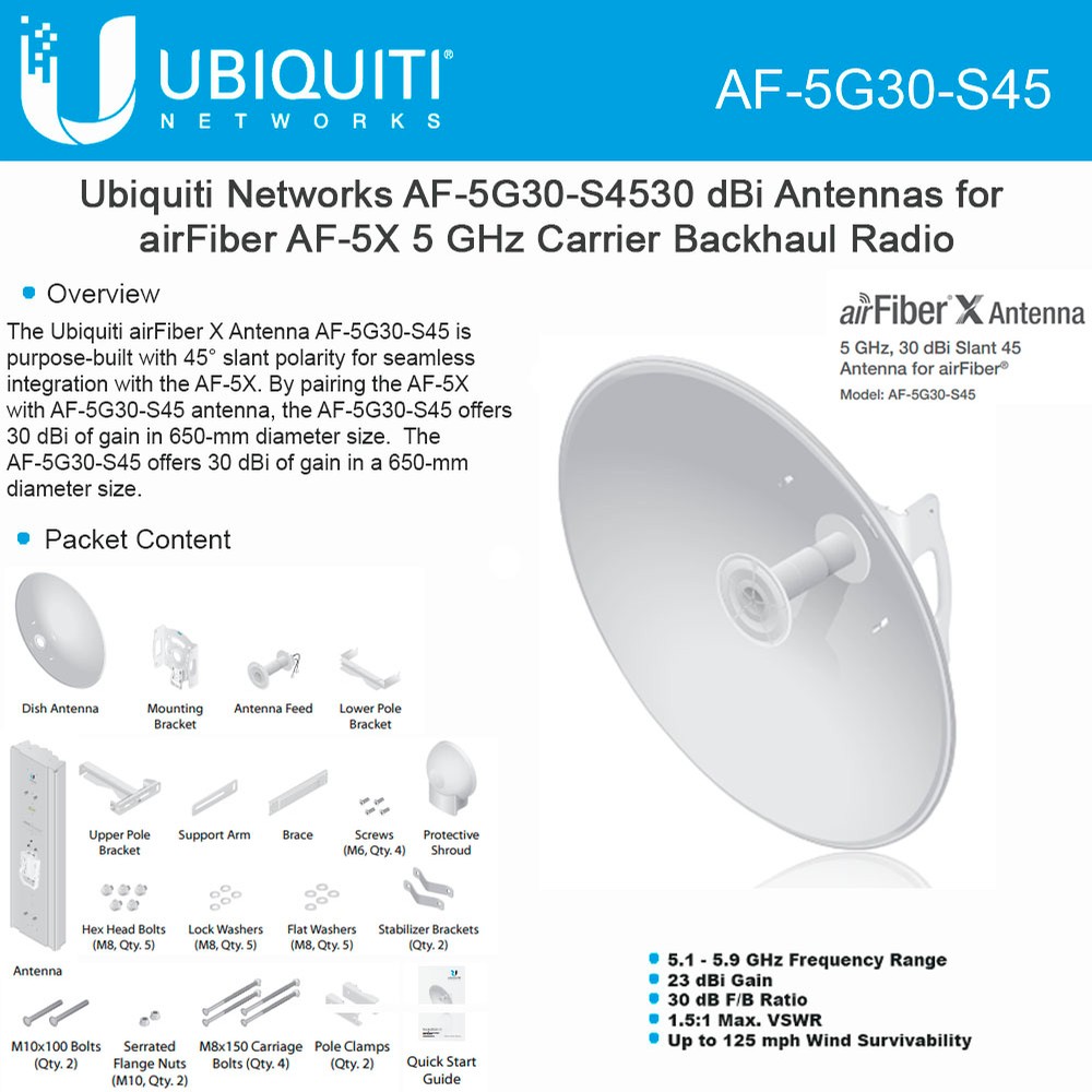 Ubiquiti Networks airFiber X Antenna AF5G30S45 5GHz airFiber Dish