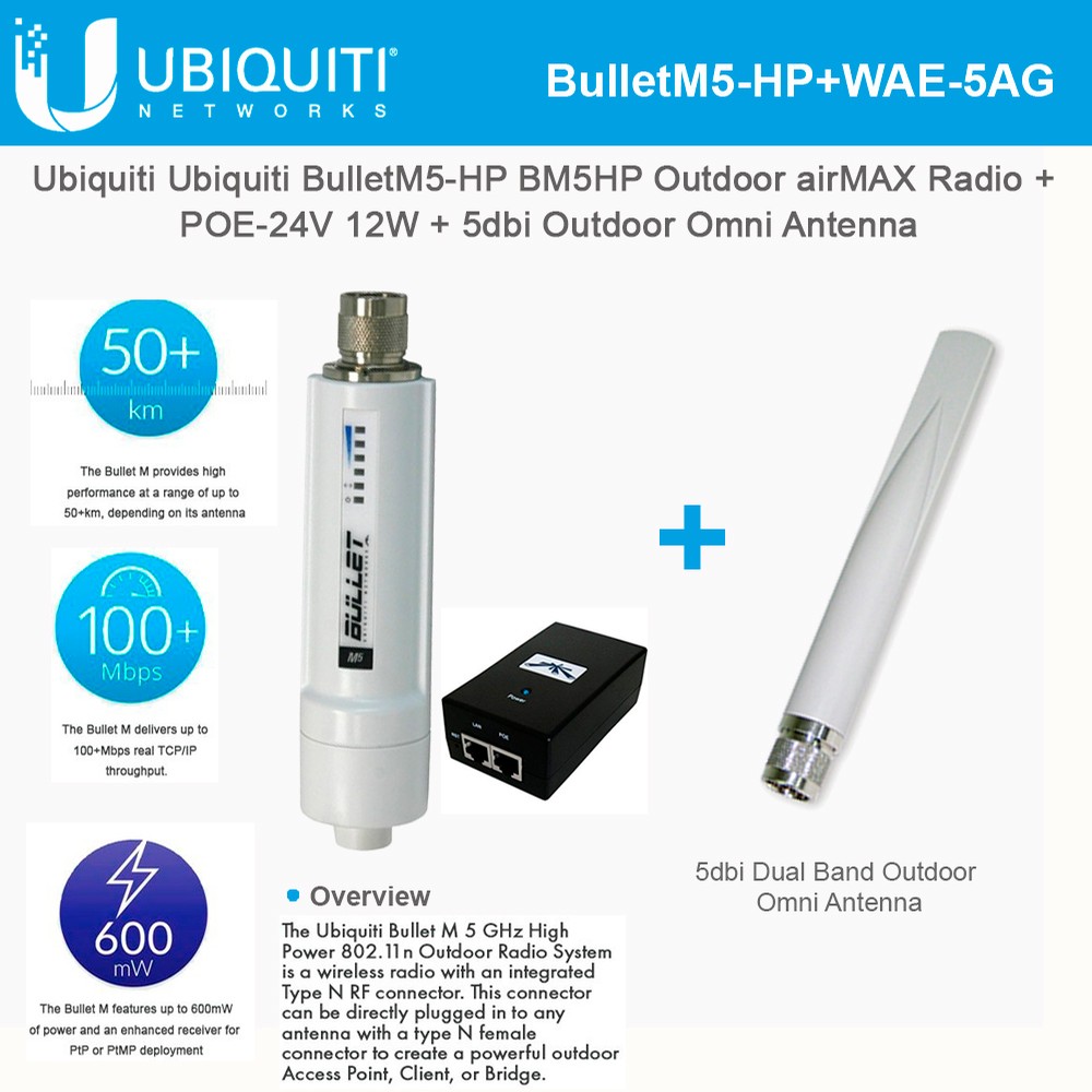 Ubiquiti Bullet M5 Wireless Access Point airMAX Radio with Airlive Omni directional 5dbi