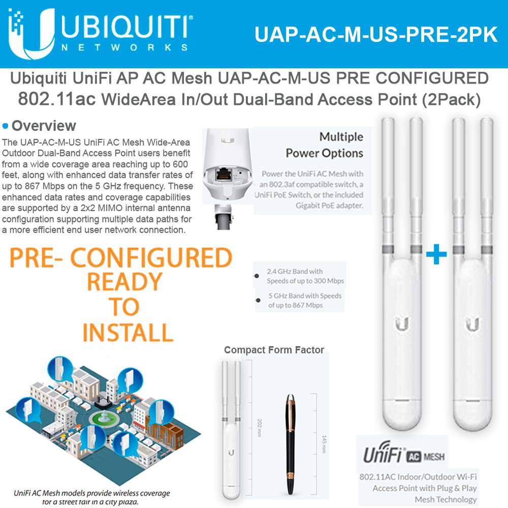 Ubiquiti UniFi AP AC Mesh UAP-AC-M-US PRE-CONFIGURED In/Out Dual-Band ...