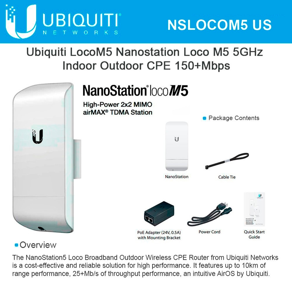 Ubiquiti NanoStation M5 US Indoor/Outdoor airMAX CPE 5GHz High