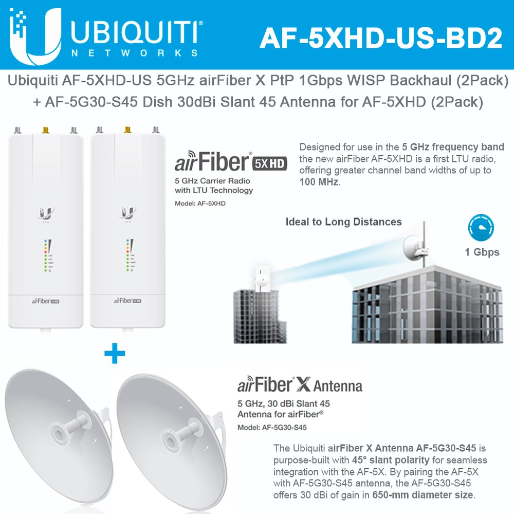 Ubiquiti airFiber 5XHD 2PACK AF5XHD 5GHz PtP w/2x airFiber X dish