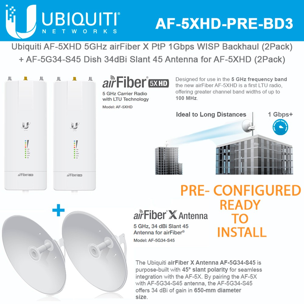Ubiquiti airFiber X Radio AF5XHD PRE CONFIGURED 5GHz PtP 1Gbps WISP