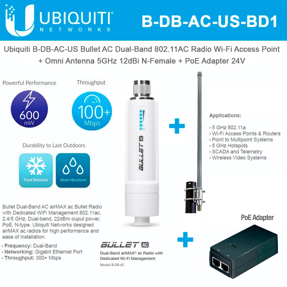 Ubiquiti Bullet ac with Omni Antenna 5.8GHz 12dBi and PoE adapter POE-24  12W B-DB-AC Bullet Radio
