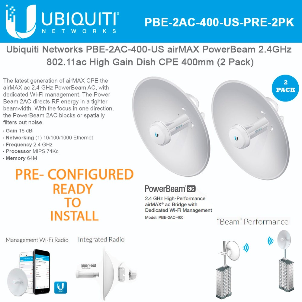 Ubiquiti PowerBeam AC PBE-2AC-400-US Pre-Configured 2.4GHz airMAX High ...