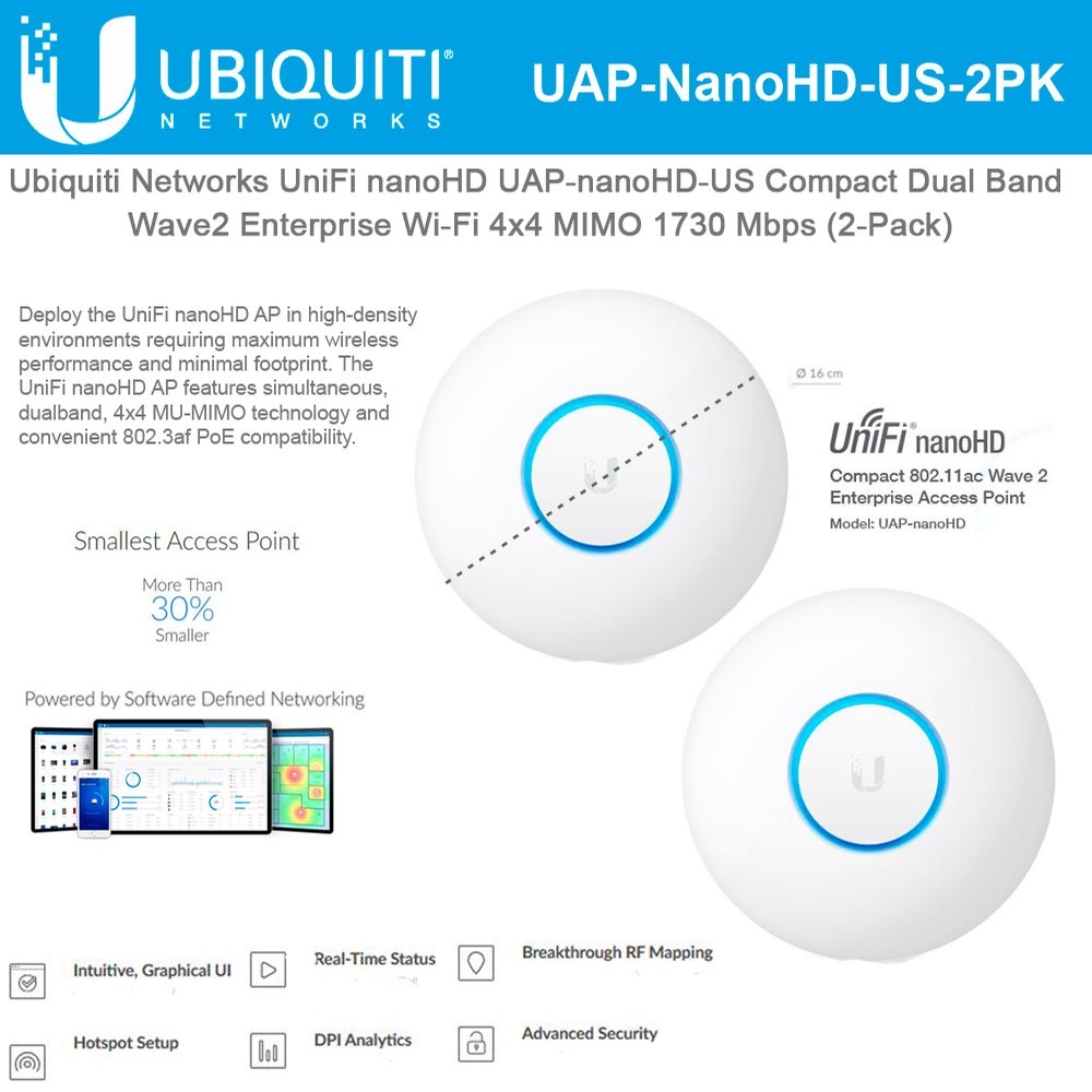 Forbedre nå Boghandel Ubiquiti UniFi nanoHD 2-PACK Access Point UAP-nanoHD 4x4 MU-MIMO 802.11ac  Wave 2 Dual-Band PoE