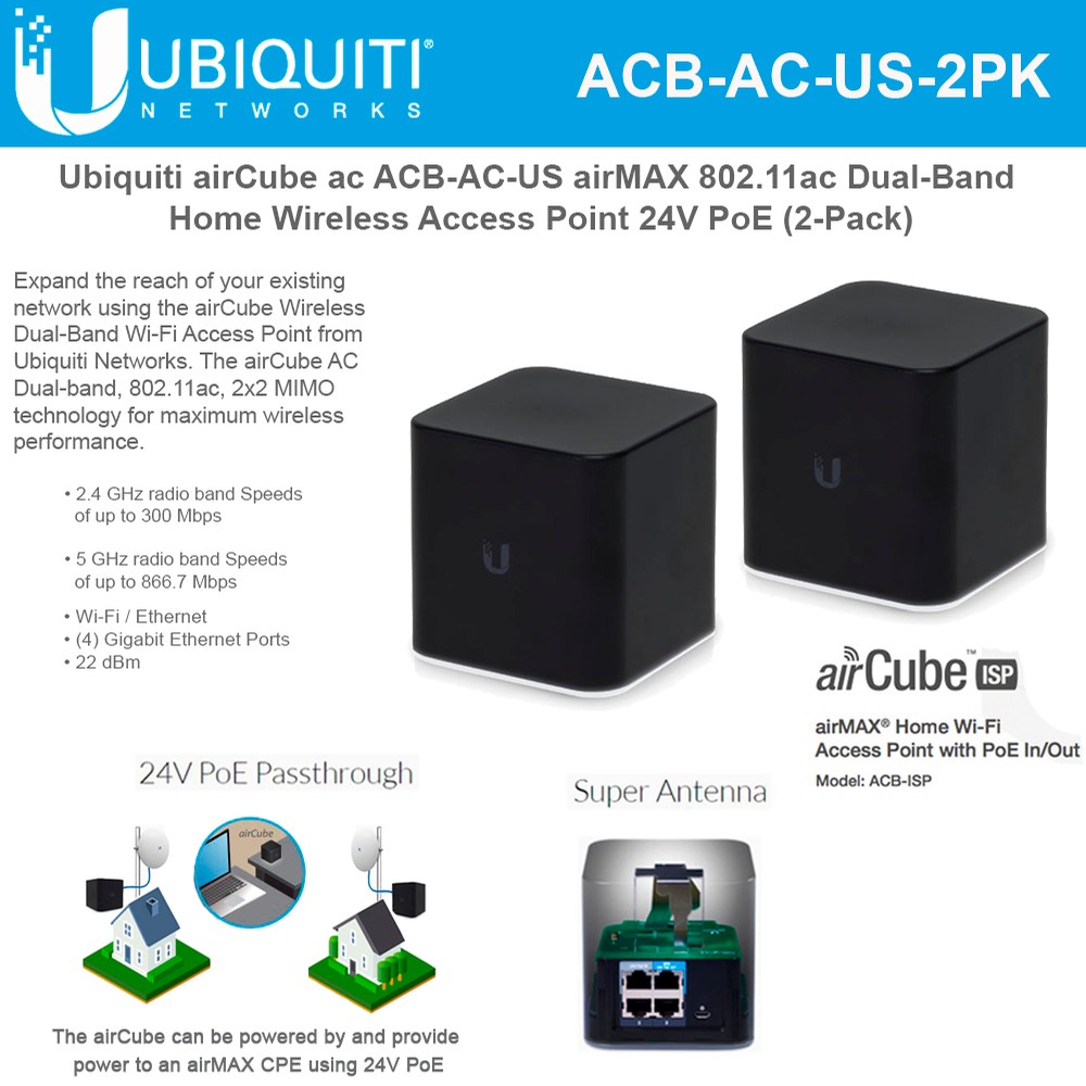 Ubiquiti airCube ac ACBACUS airMAX 802.11ac DualBand Home Wireless Access Point PoE 24V (2Pack)