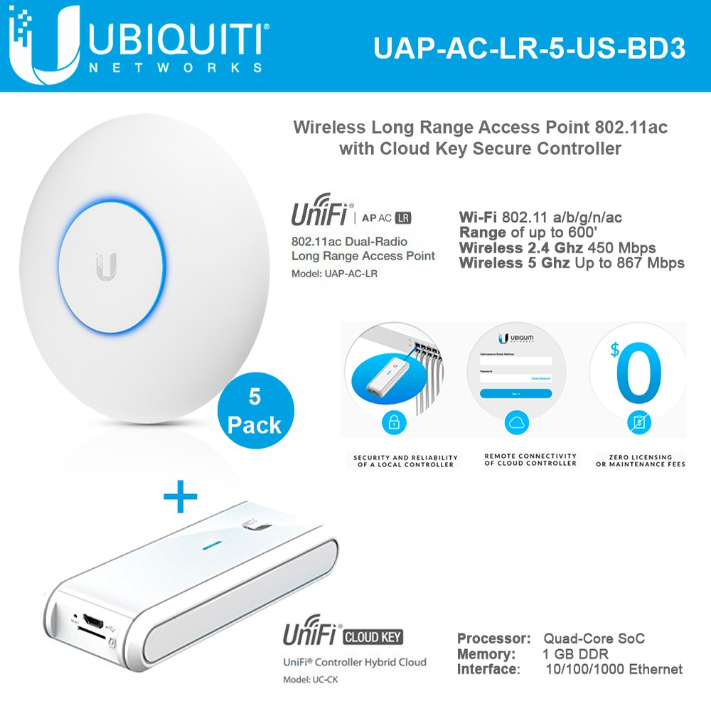 UniFi AP AC UAP-AC-LR-5-US Wireless Access Point 802.11ac Long Range Dual-Band with UniFi Key UC-CK Secure Controller Hybrid Key