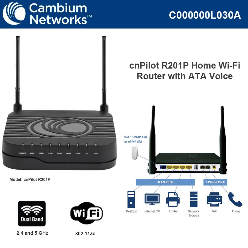 Cambium cnPilot Home & Business R201P 802.11ac WLAN Router with Analog
