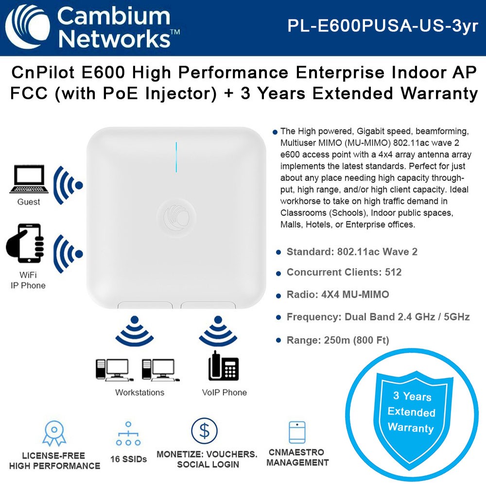 Gigabit Mesh AP Cambium Networks PL-E600X00A-US cnPilot e600 Indoor 802.11ac Wave 2 