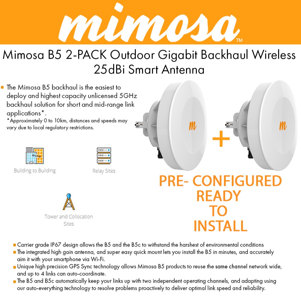 Mimosa b5 pre configured 2pack outdoor wireless backhaul 802 11ac 4x4