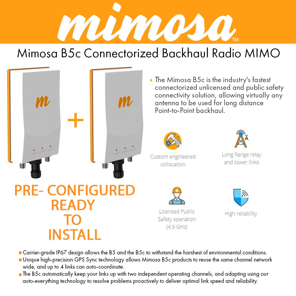 Mimosa B5c 2-UNITS Connectorized Backhaul Radio 11ac Kit Complete Pre ...