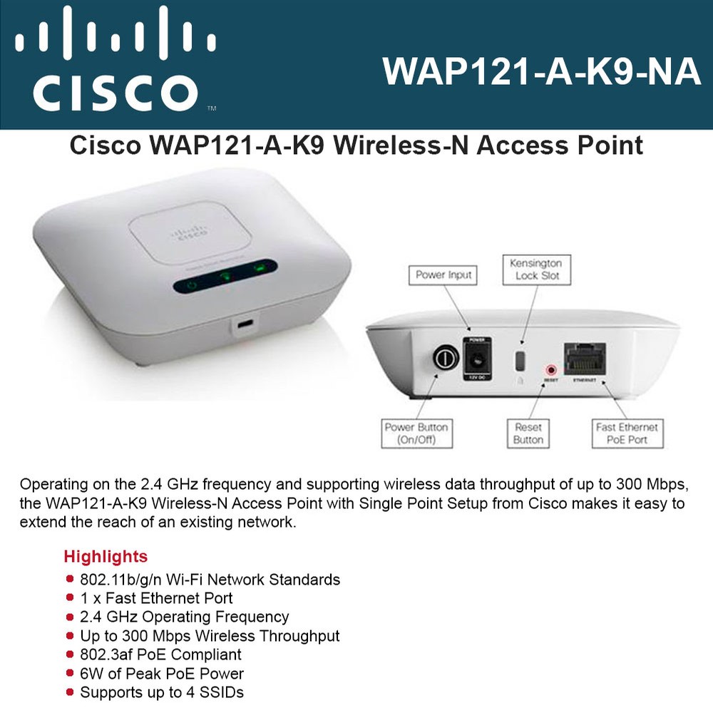 Cisco WAP121 WirelessN Access Point Single Point Setup, Secure, Easy