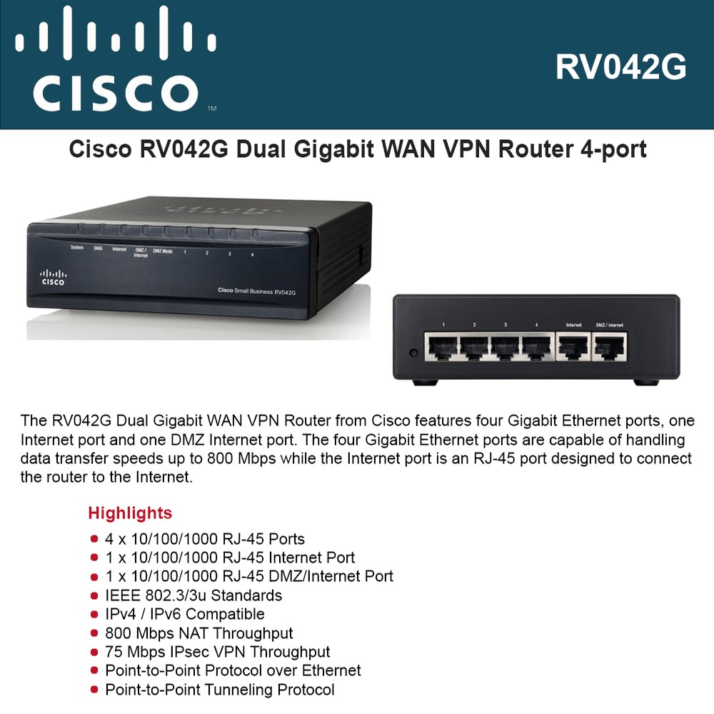 Cisco RV042G Dual Gigabit WAN VPN Router 4port switch, 2 gigabit