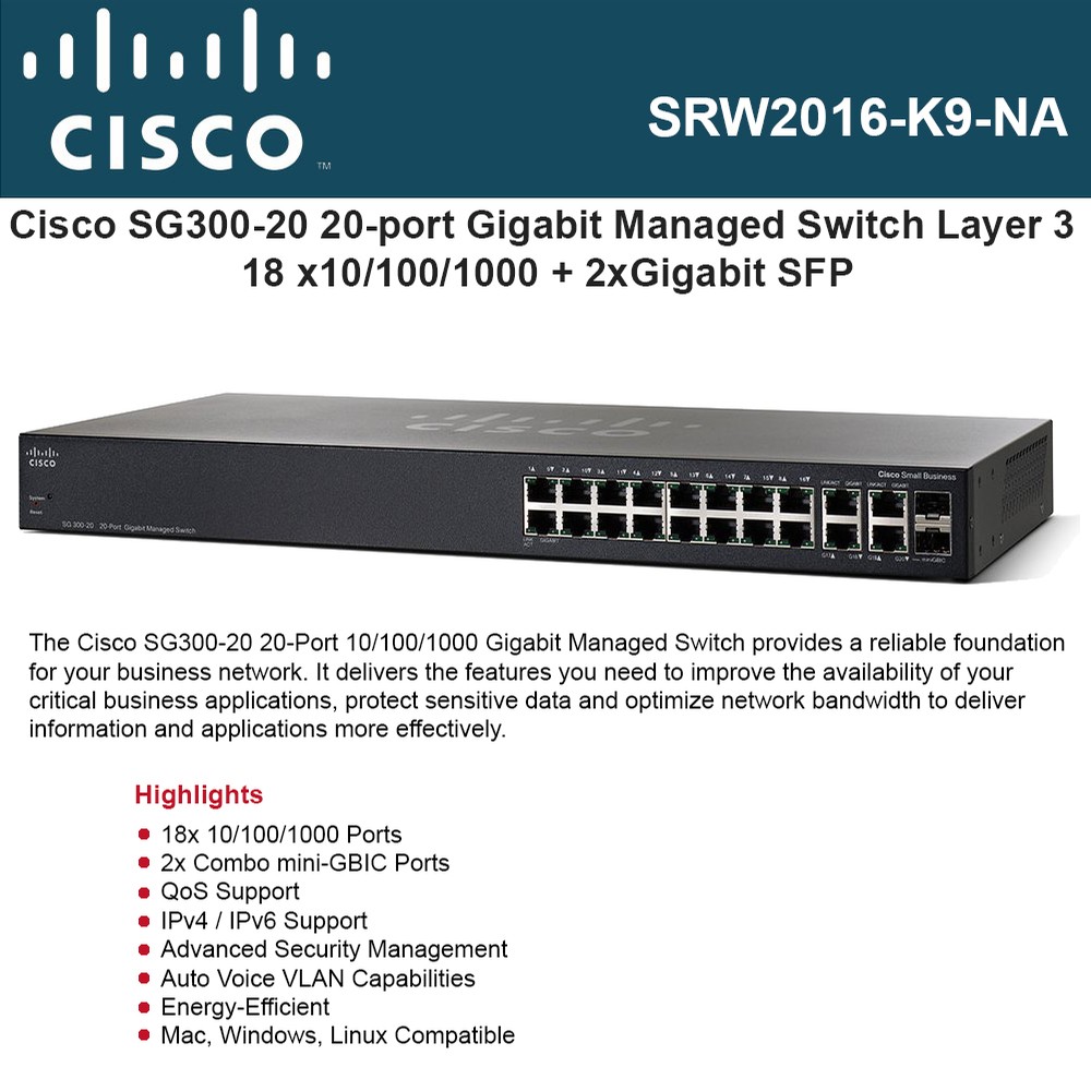 Cisco SG300-20 20-port Gigabit Managed Switch Layer 3 18 x