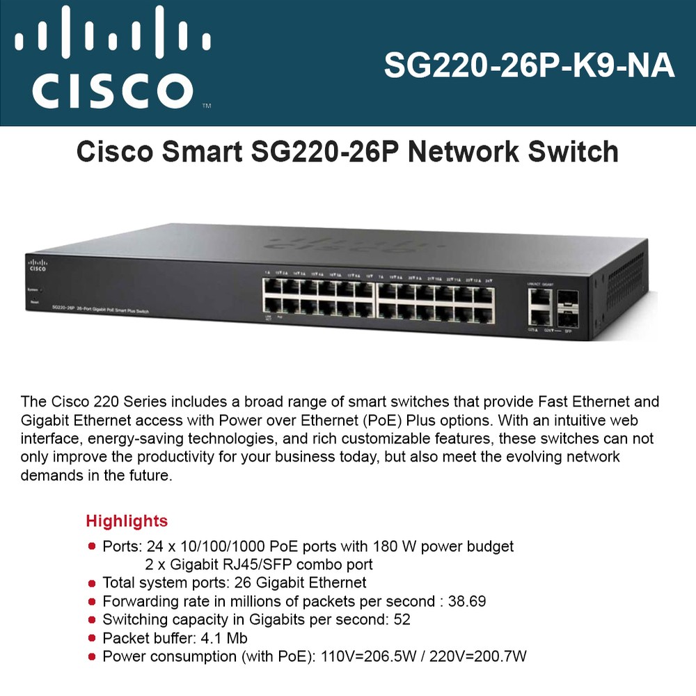 Smart Switch with 26 x Gigabit Ethernet Ports Cisco SG220-26P PoE SG220-26P-K9-NA