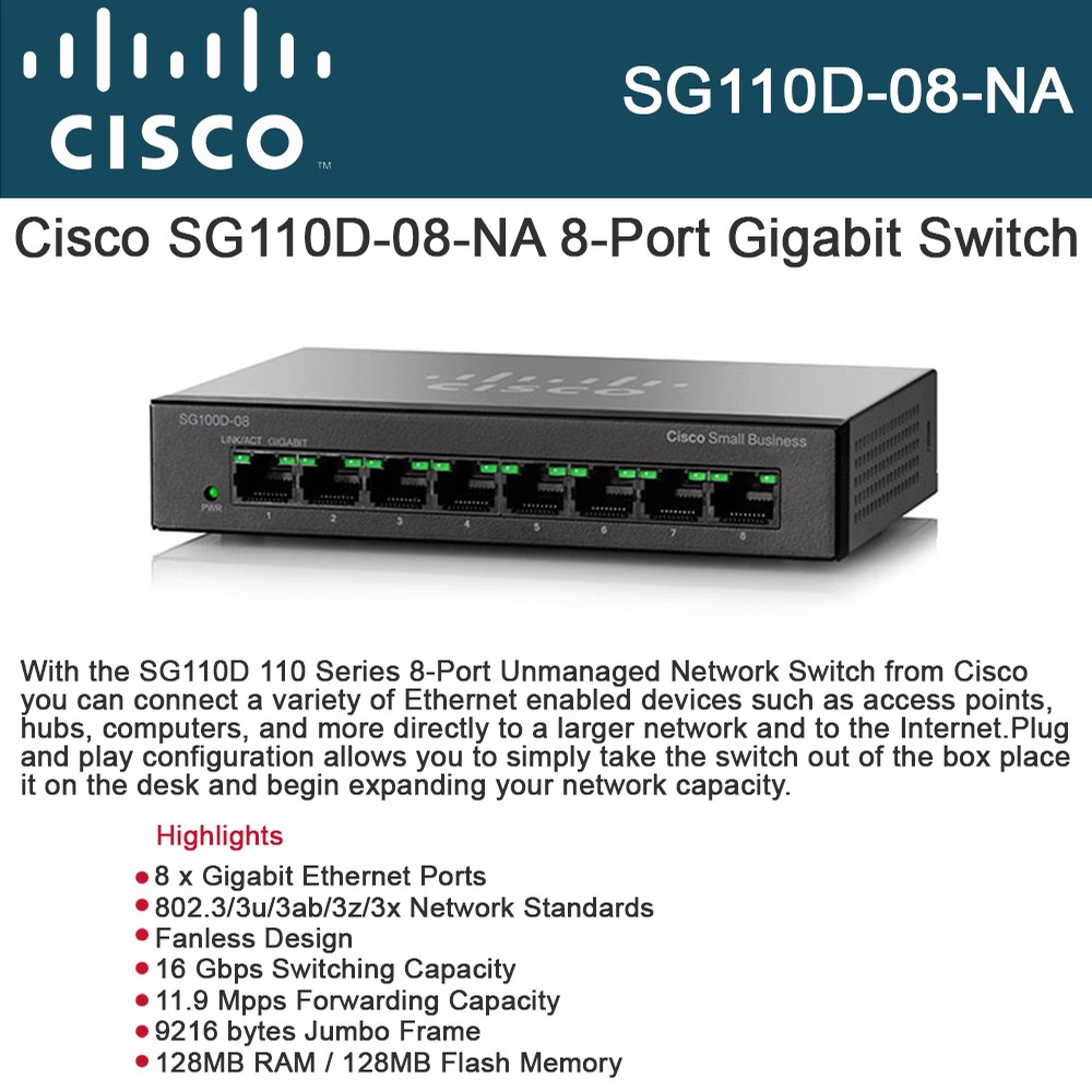 Cisco SG110D-08 Unmanaged Network Switch 8-Ports Gigabit Ethernet