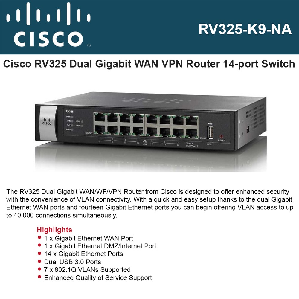 wall harvest Explosives Cisco RV325 Dual Gigabit WAN VPN Router 14-ports switch Dual USB 3G/4G  failover