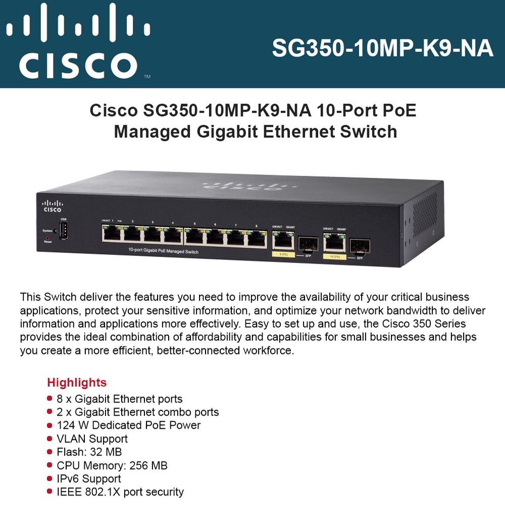 Cisco SG350-10MP-K9-NA 10-Port PoE Managed Gigabit Ethernet Switch