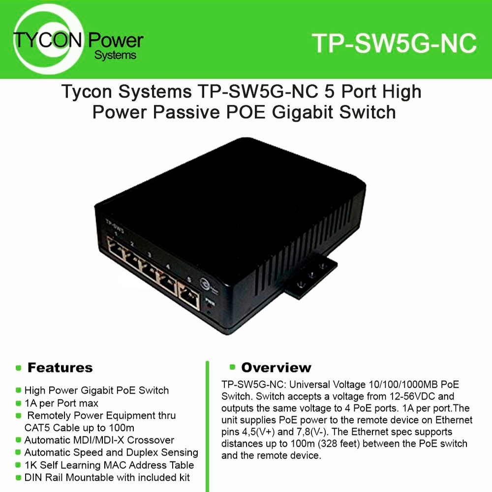 Tycon Power Systems Gigabit Passive PoE Switch TPSW5GNC with 5 port