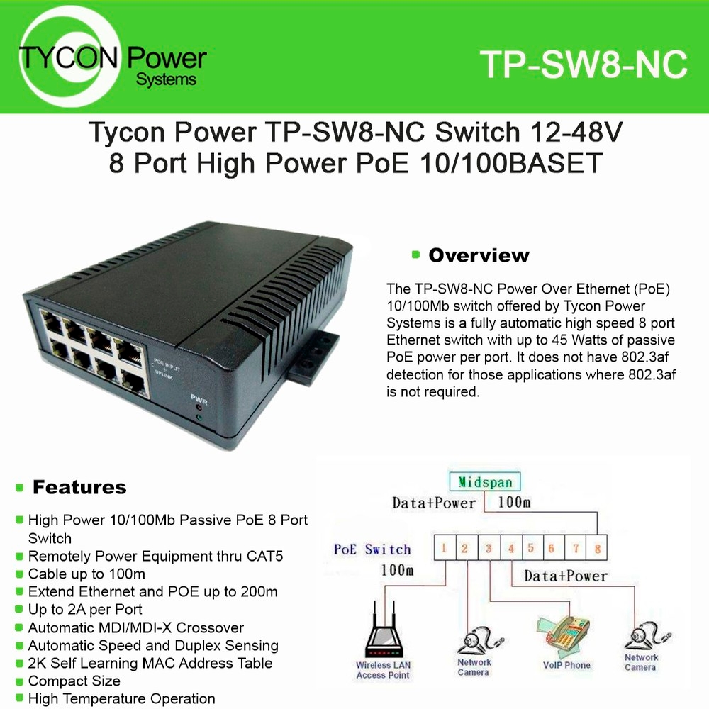 Tycon Power Systems TP-SW8-NC Unmanaged Passive PoE Switch 8-Port 12-58VDC