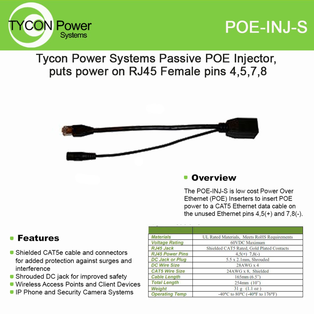 Tycon Power POEINJS Passive POE Injector
