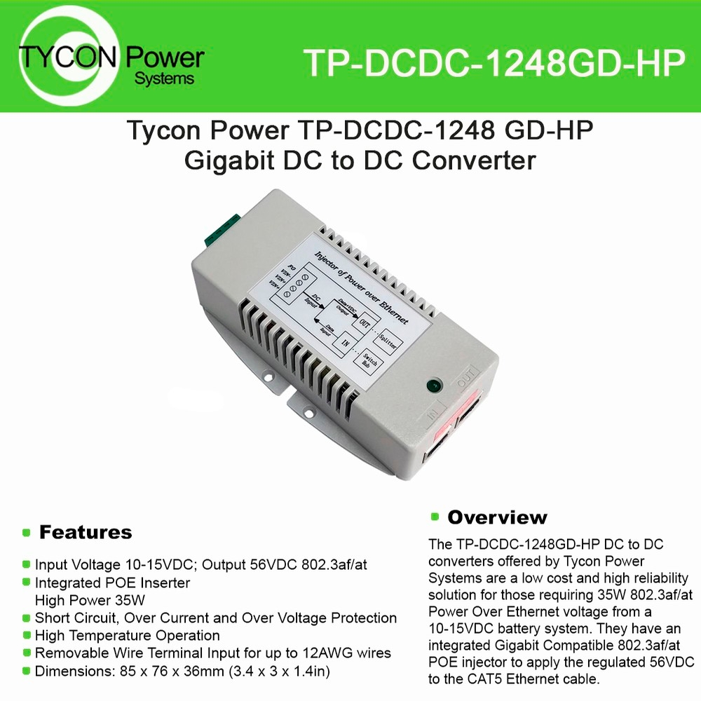 Tycon Power Tp Dcdc 1248gd Hp 10 15vdc Input 56v 8023at Gigabit Poe 