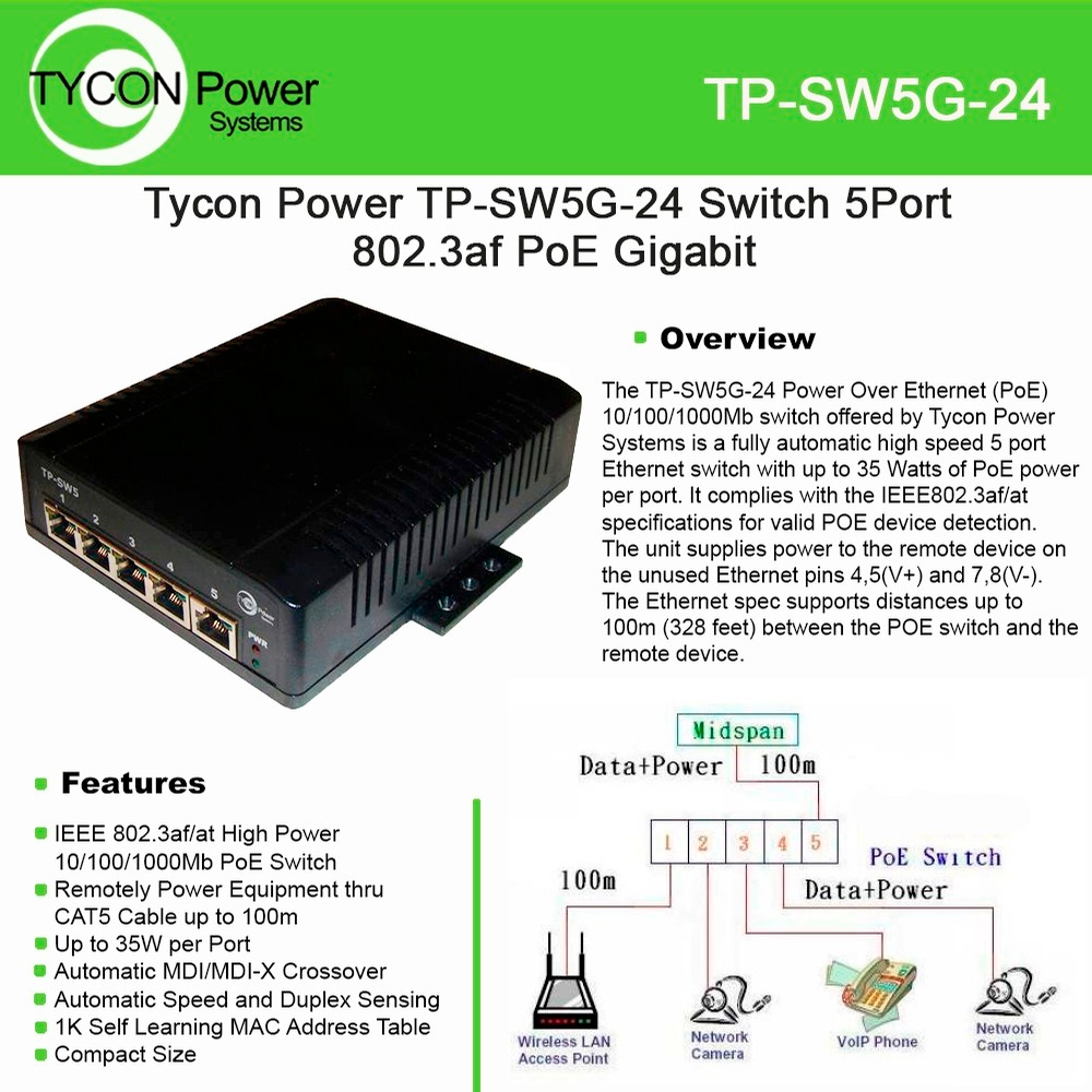 Tycon Systems TP-SW5G-24 5 Port High Power POE Switch - 10-36V DC Input Tycon System TP-SW5G-24, Gigabitový průmyslový PoE switch 5x port