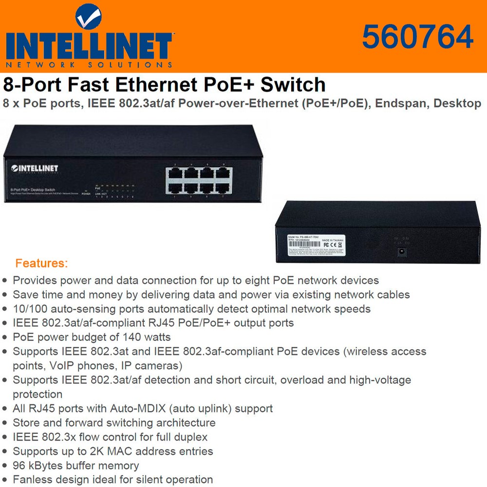 Intellinet Network 560764 8-Port Fast Ethernet PoE+ Switch