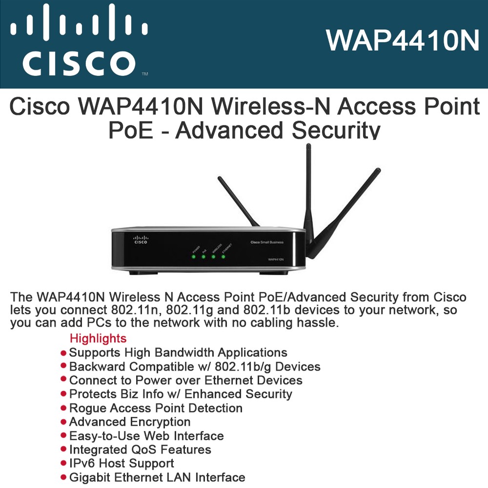 Cisco WAP4410N WirelessN Access Point PoE/Advanced Security PoE+