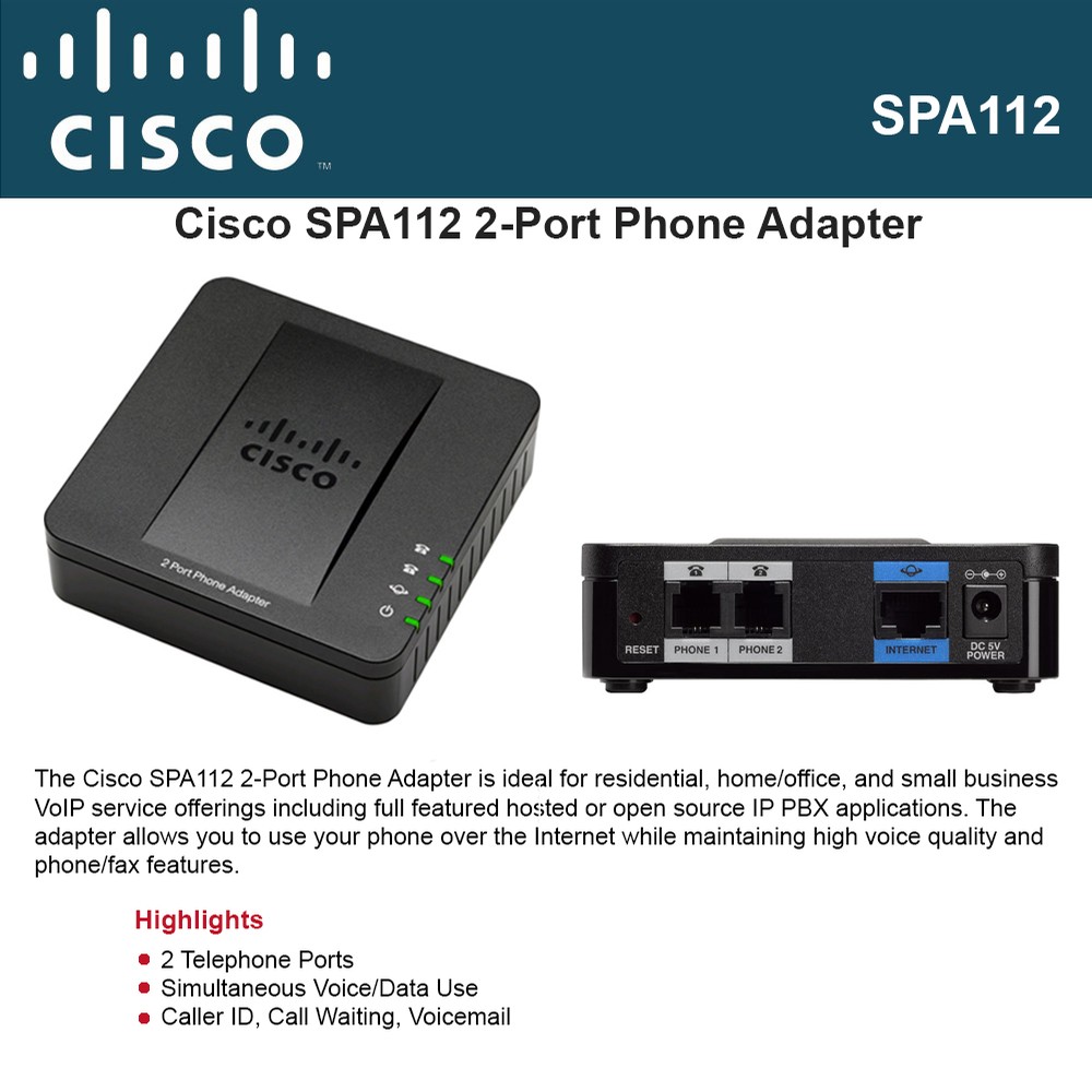 Cisco SPA122 2 Port VoIP IP SIP Analog Telephone Adapter Phone Router Gateway 