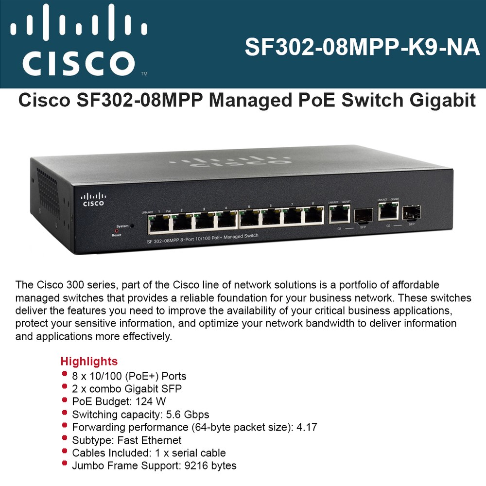 Cisco SF30208MPP, Managed Switch, 8x 10/100 PoE+ + 2x Gigabit SFP