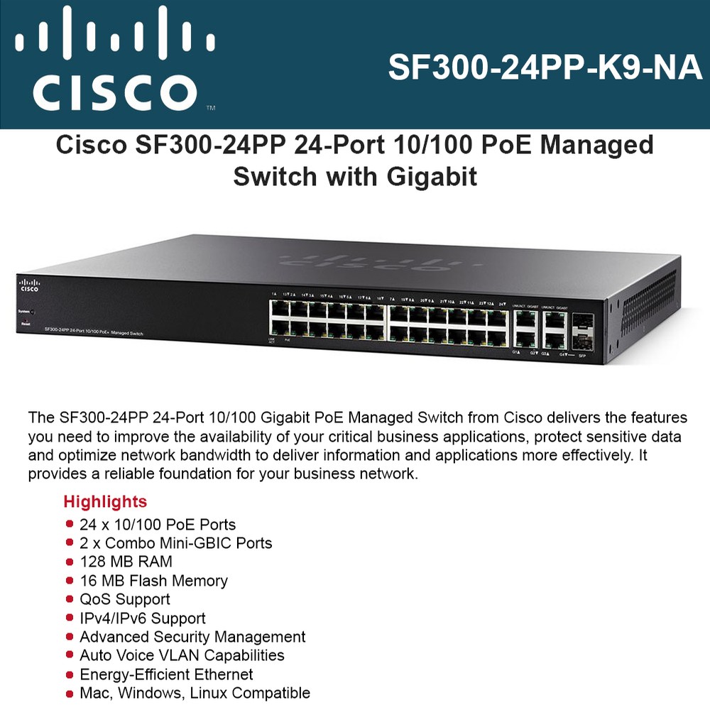 Cisco SF300-24P • 24-Port PoE Managed Switch 4x Gigabit Port ■Same Day Shipping■ 