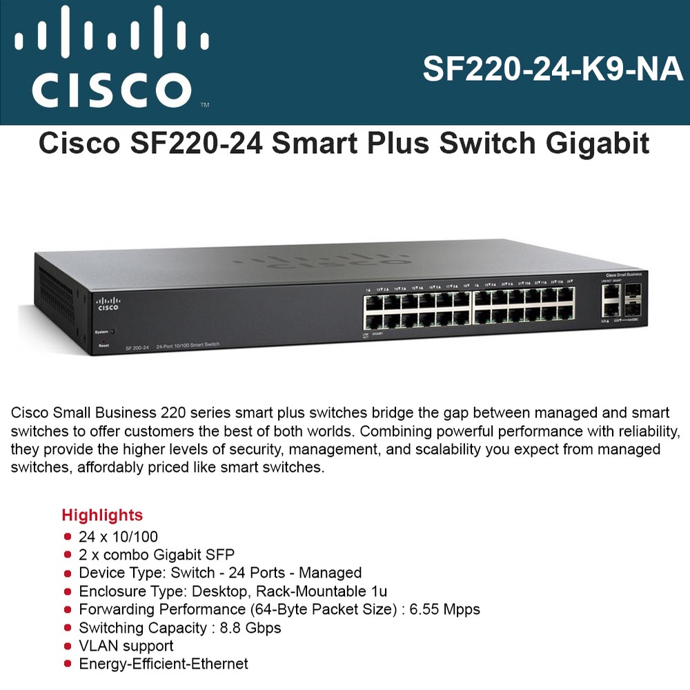 Cisco SF220-24 24-Port Smart Plus Managed Switch 24 x 10/100 + 2 x ...