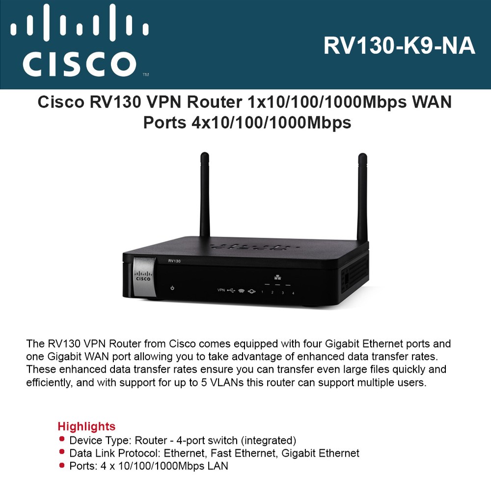 Cisco RV130 VPN Router 1x10/100/1000Mbps WAN 4x10/100/1000Mbps