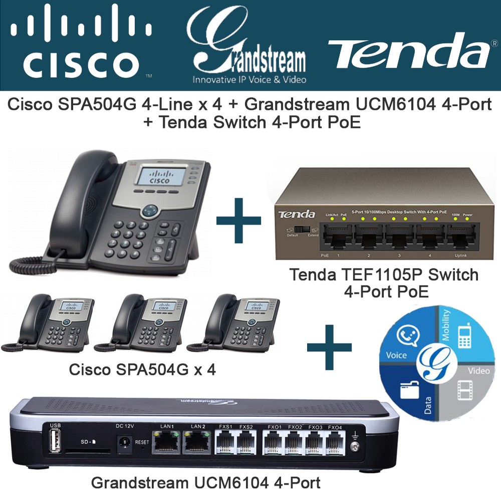 Cisco SPA504G 4line X 4 + Grandstream UCM6104 4Port IPPBX + Switch 4