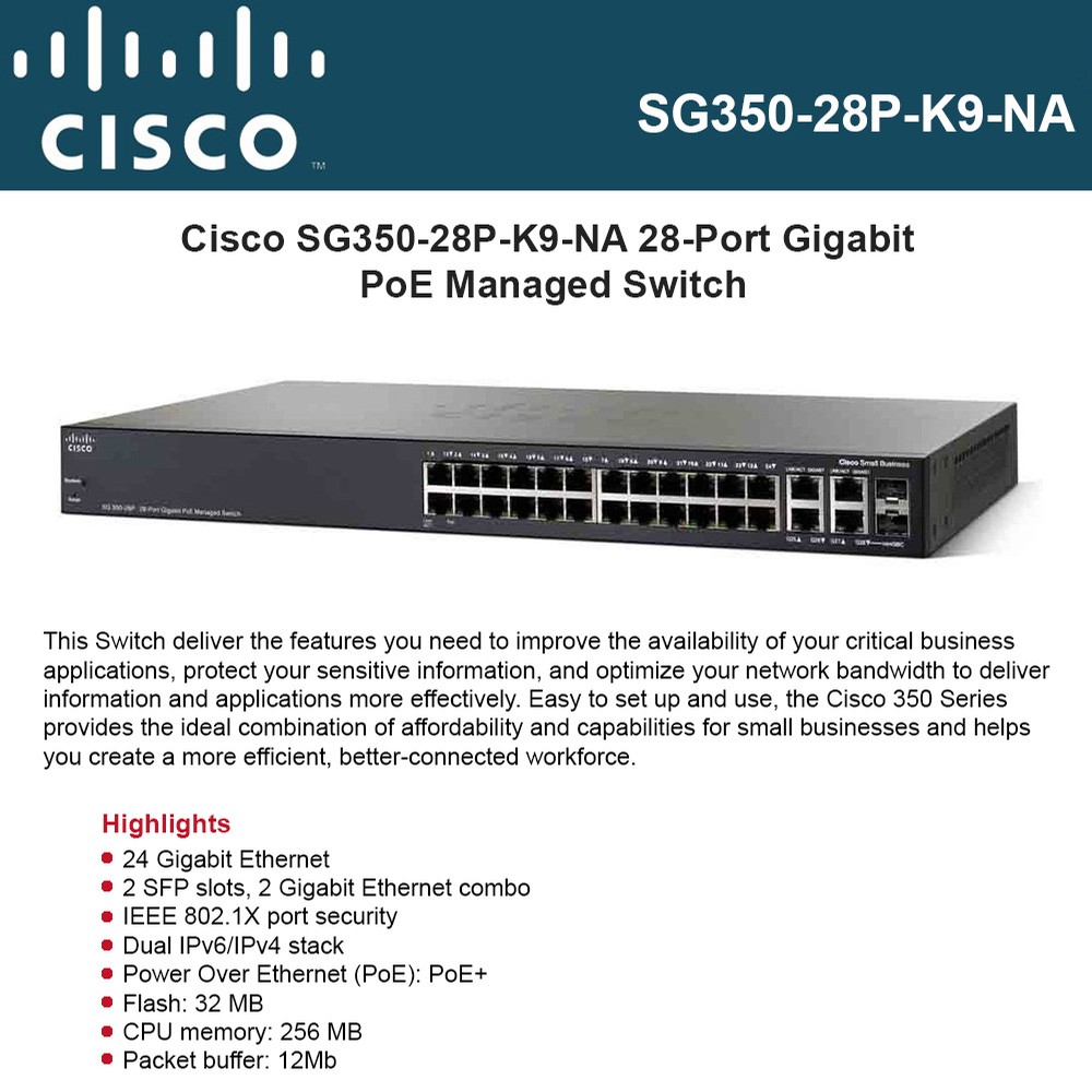 Cisco SG35028PK9NA 28Port Gigabit PoE+ Managed Switch