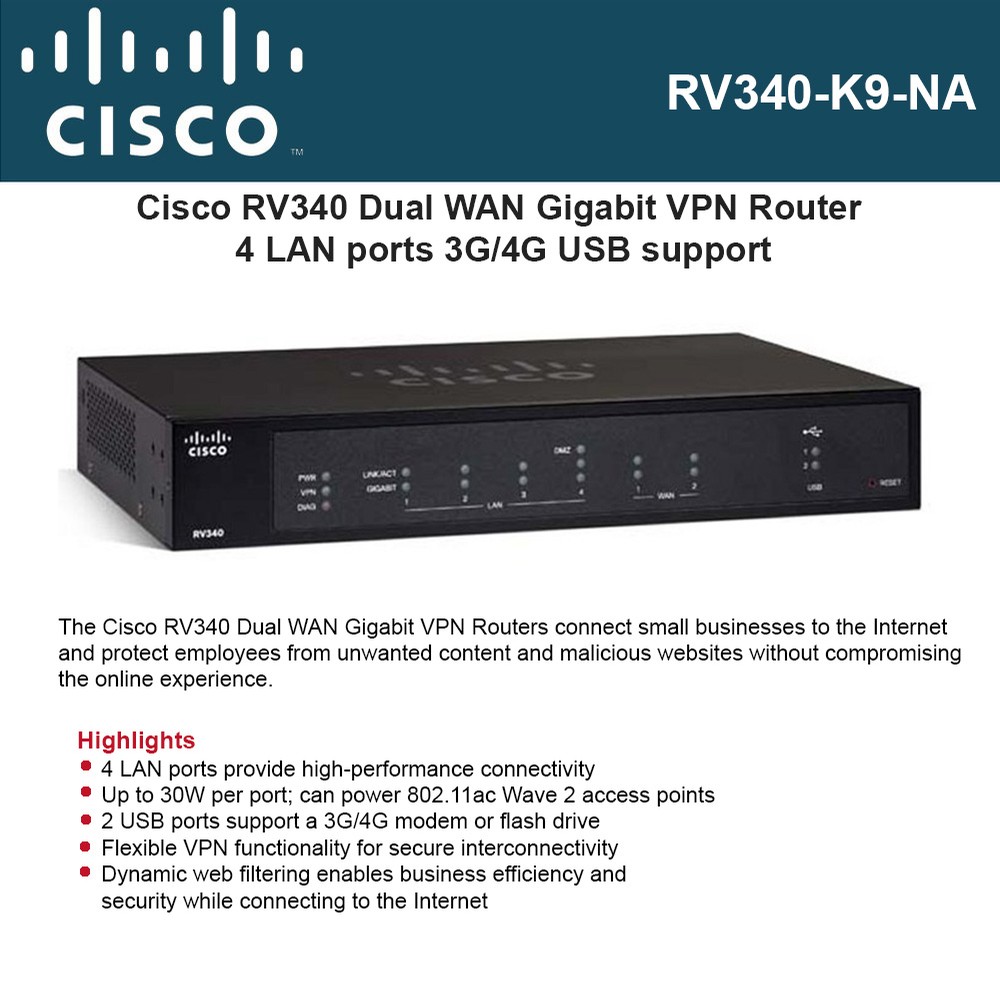 Cisco RV340 Dual WAN Gigabit Router 4 LAN ports 2xUSB Flexible VPN functionality 