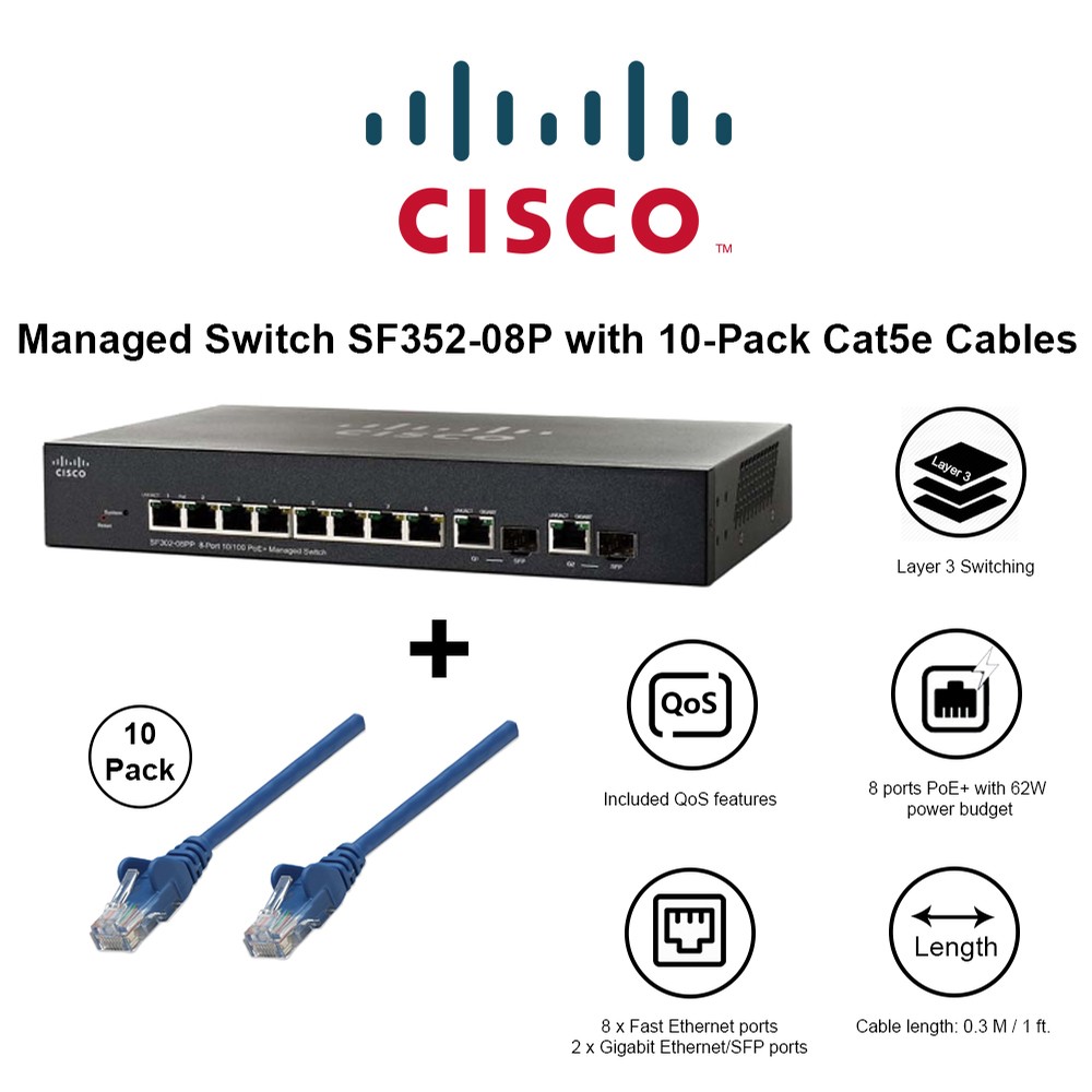 Limited Lifetime Protection 8 10/100 Ports GbE SF352-08P-K9-NA 2 Gigabit Ethernet Cisco SF352-08P Managed Switch 62W PoE Combo SFP 