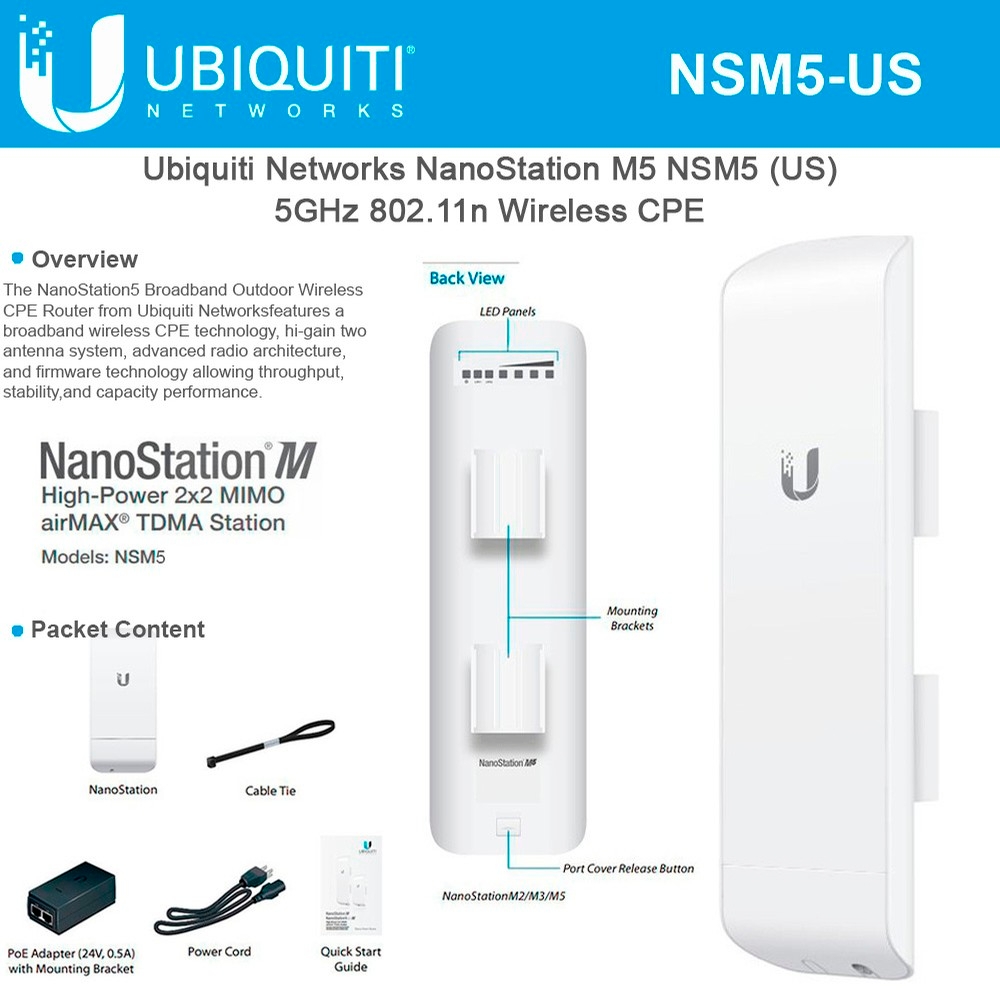 Ubiquiti NSM5US NanoStation M5 5GHz Mimo Airmax TDMA Station POE (US