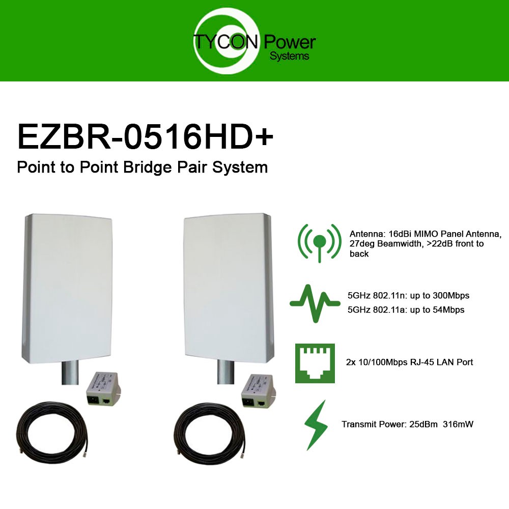 Tycon Power EZBR-0516HD+ PtP Bridge Pair System 5GHz with 2x 16dBi 802 ...