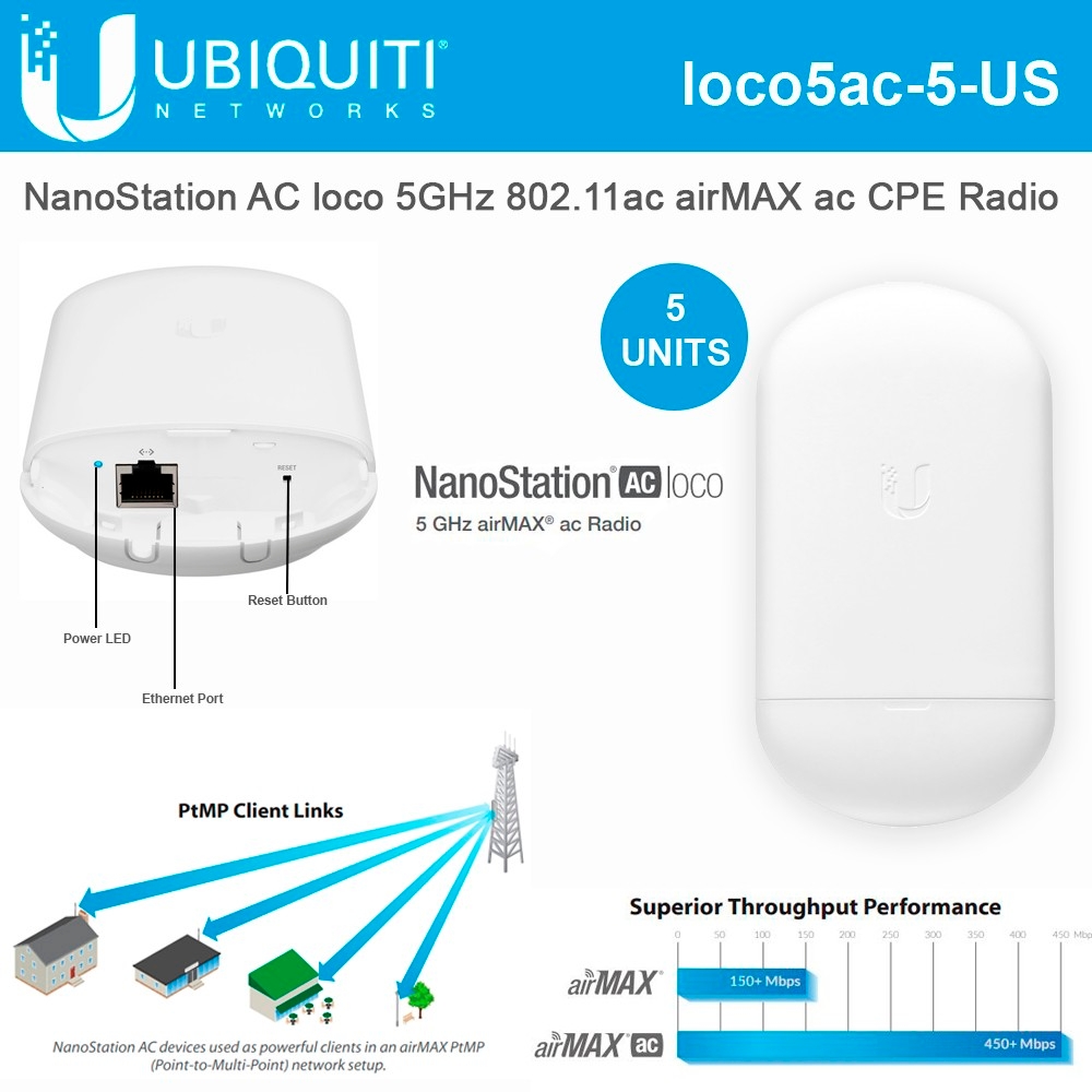 vino mostaza semilla Ubiquiti Networks NanoStation AC loco 5 UNITS 5GHz 802.11ac airMAX CPE  Radio 450Mbps Wireless Access Point - Loco5ac